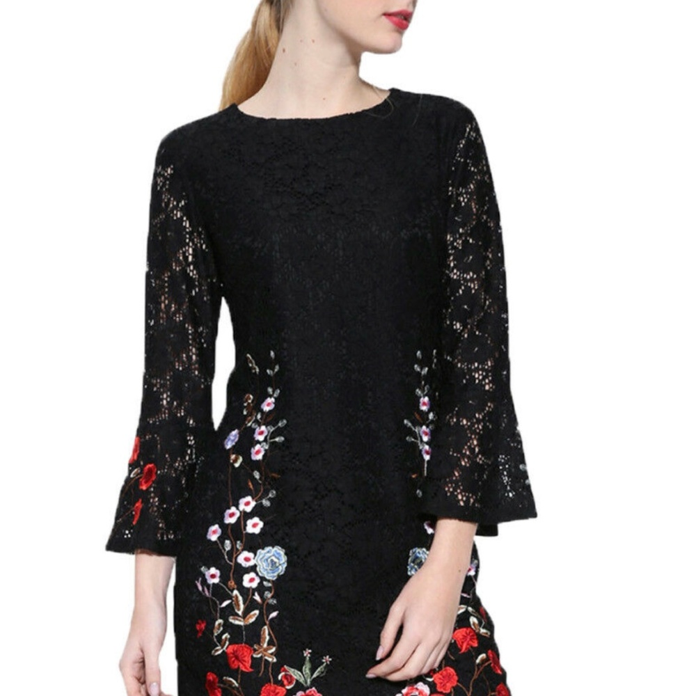 Desigual timeless classic black lace bell sleeve dress with embroidery NWT36 US2